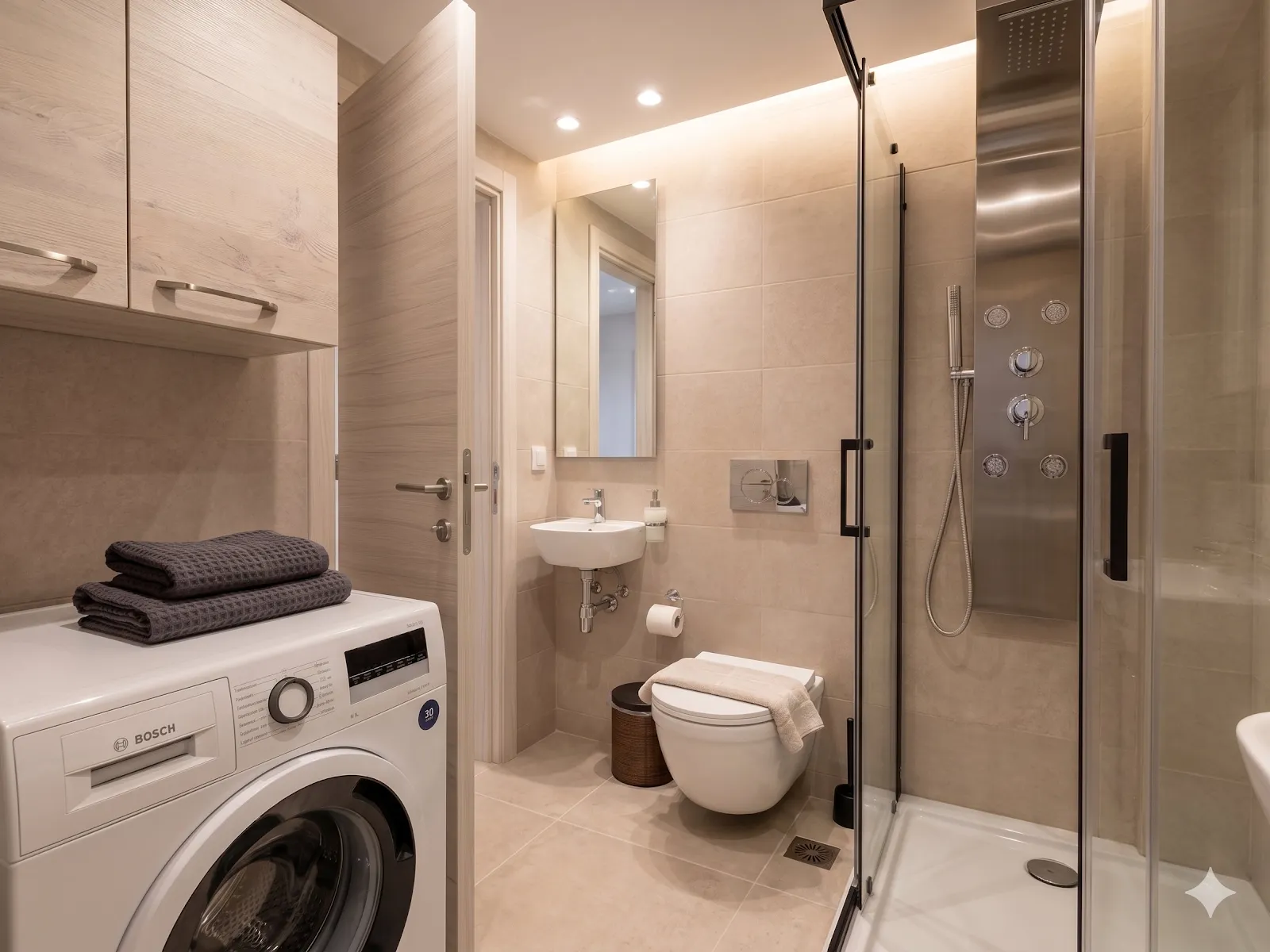 Beige stone-tiled bathroom with a glass-enclosed rainfall shower column, wall-hung basin, folded charcoal towels and a washing machine.