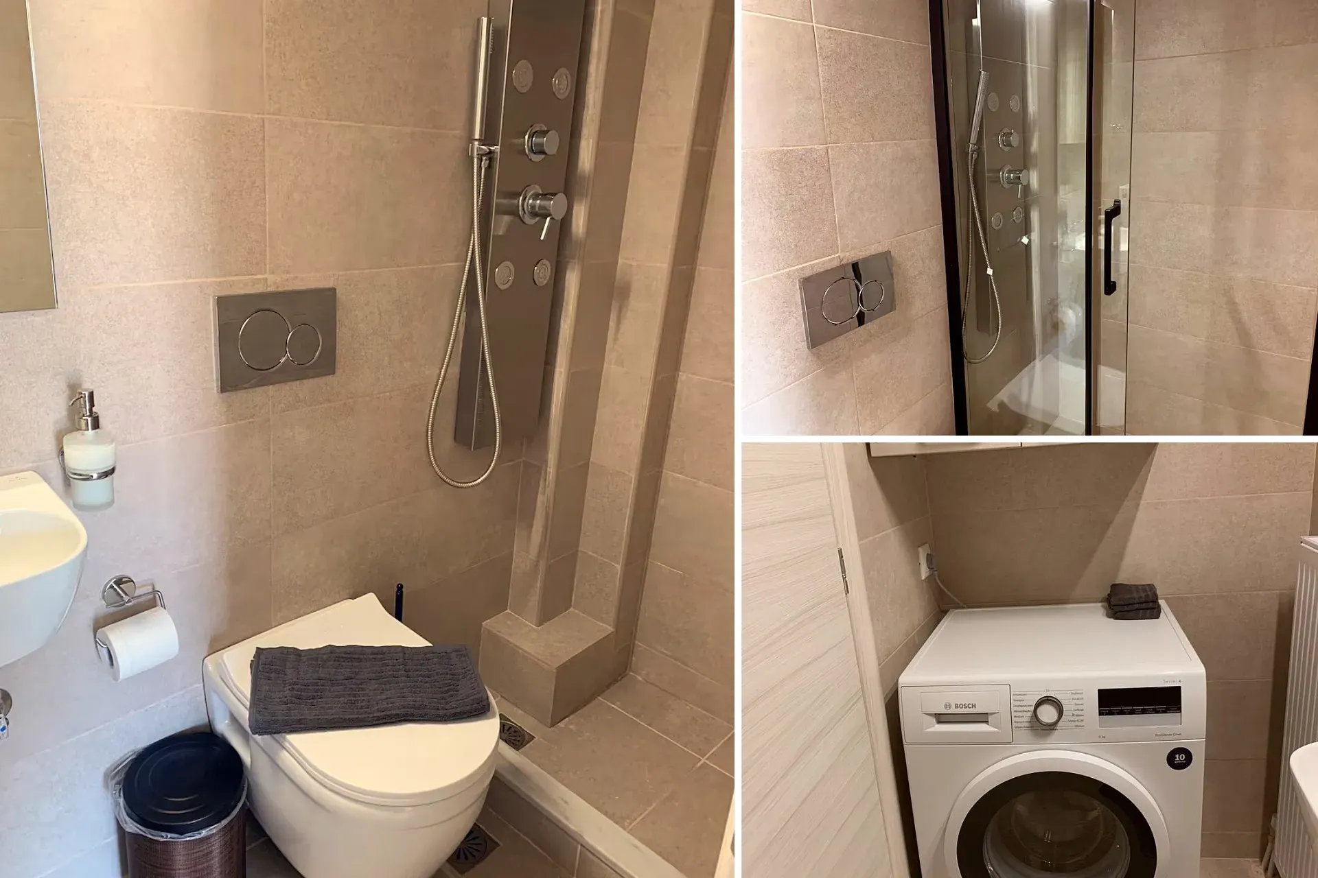 Three views of the beige stone-tiled bathroom: a wall-hung basin and toilet beside a stainless shower column, the glass shower cubicle, and a Bosch washing machine with folded towels on top.