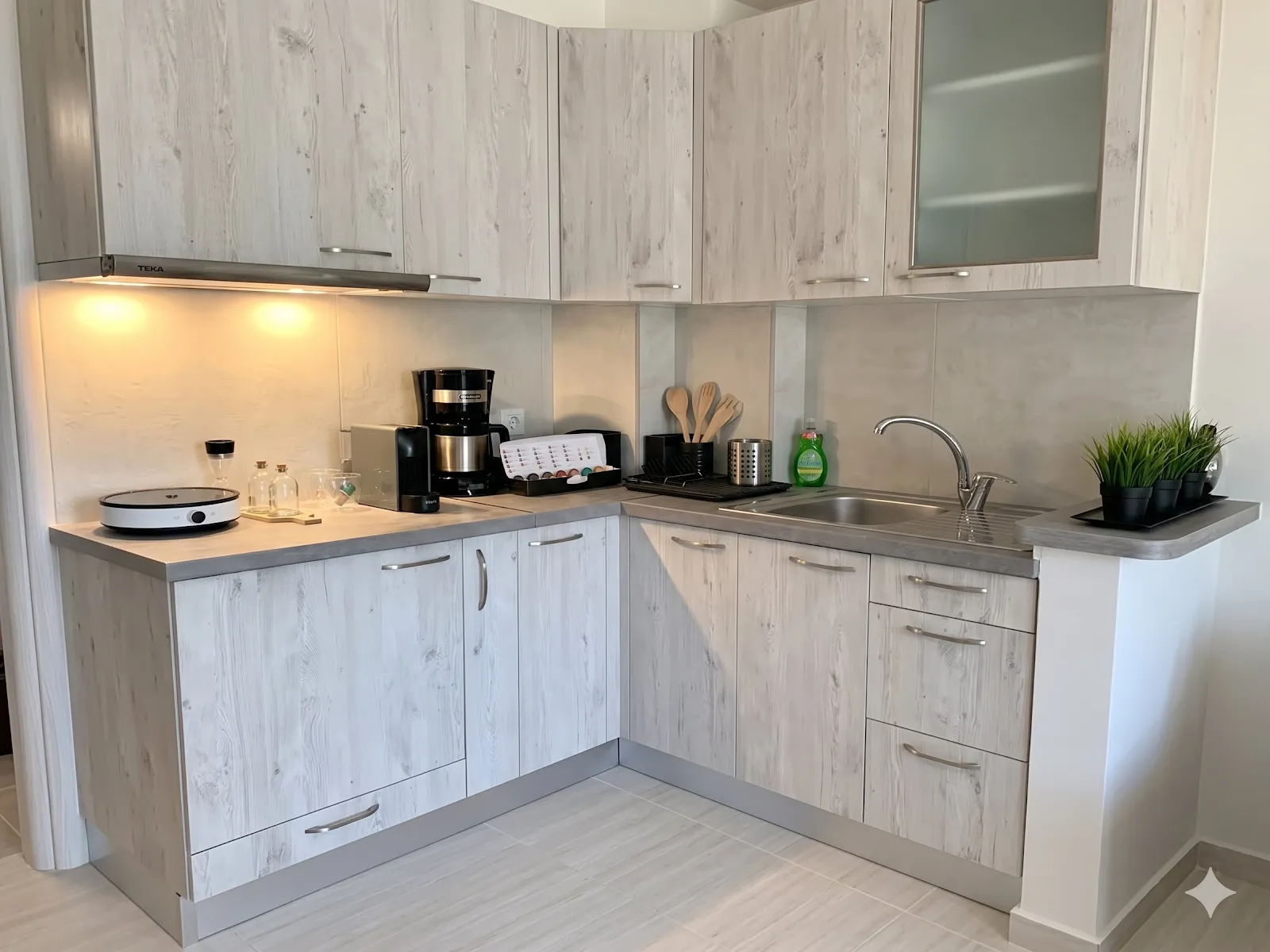 L-shaped kitchen in pale limed-oak cabinetry with a grey stone worktop, filter coffee machine, Nespresso, and warm under-cabinet lighting.