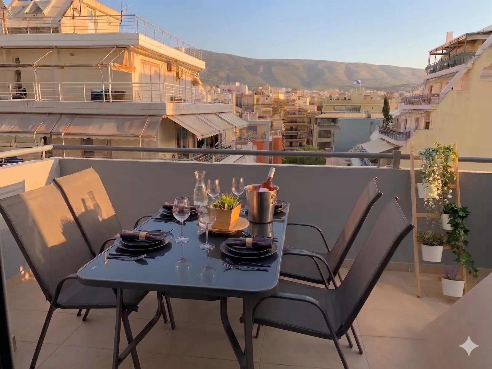 Terrace dining table laid for four at golden hour, with wine glasses and a carafe, looking out over Athens rooftops towards the hills.