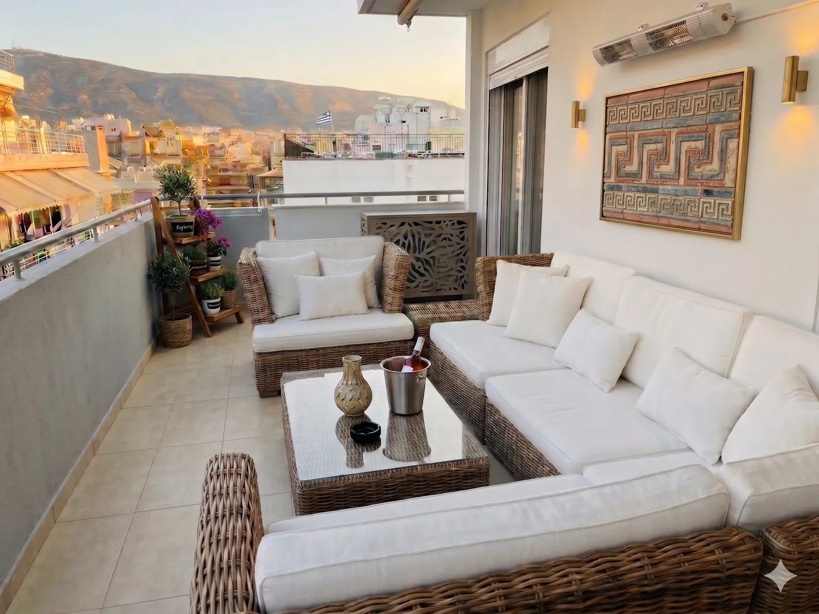 Wraparound terrace with a wicker corner sofa in cream cushions, a glass-topped table with a bottle chilling, potted olive and herbs, and Mount Hymettus glowing behind the rooftops at sunset.
